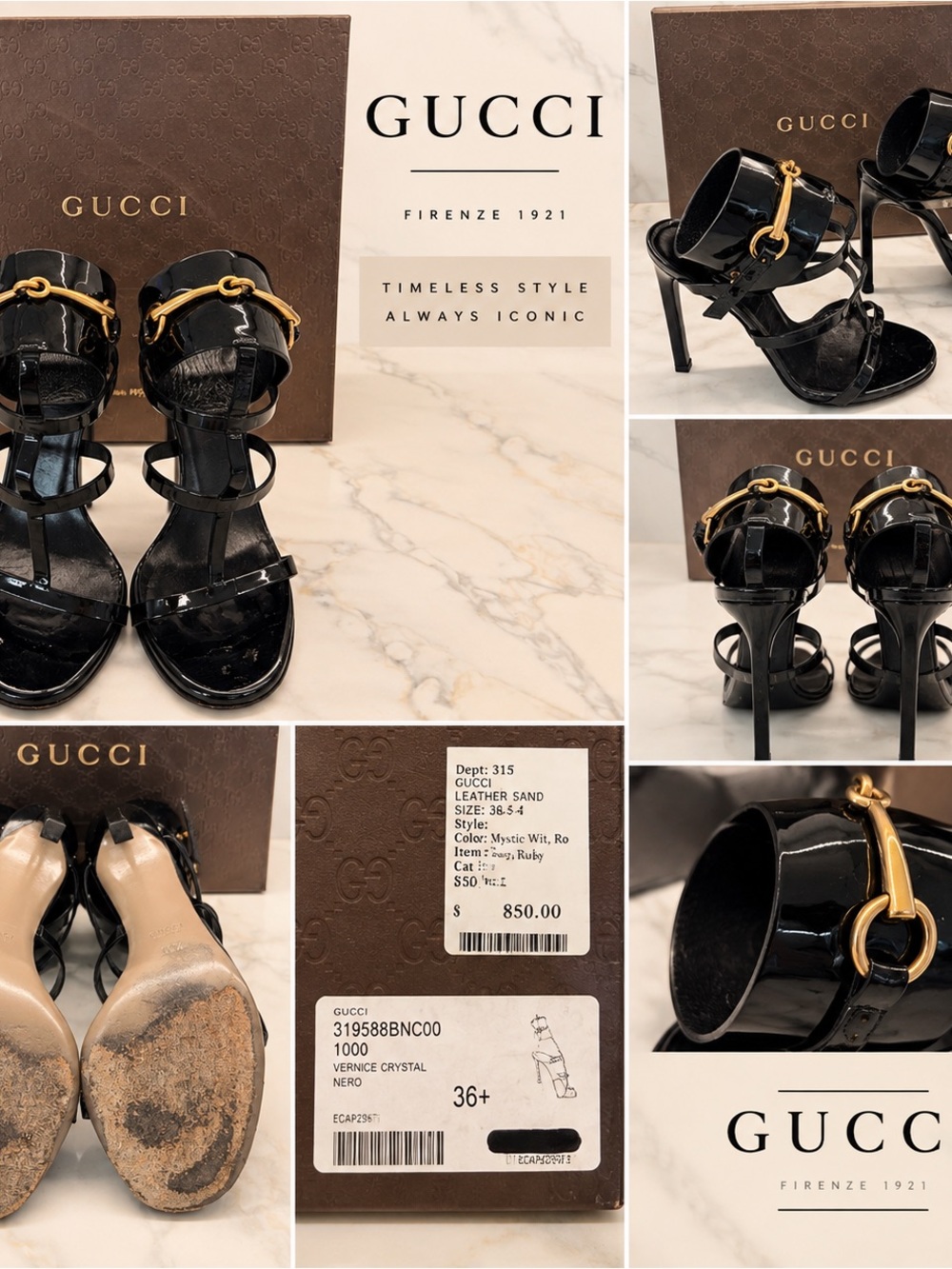 Gucci Black Patent Leather Gold Horsebit Stiletto Sandals 36.5